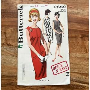 UNCUT Vintage 1960s Butterick 2669 Sewing Pattern Size 14 Semi Fit Slim Dress